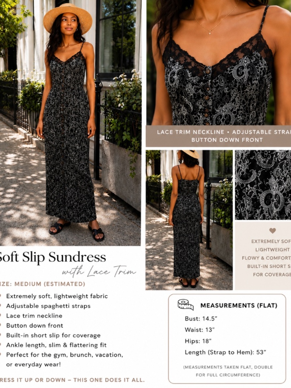 Black & Gray Paisley Slip Sundress w Lace Trim Adjustable Straps Size M